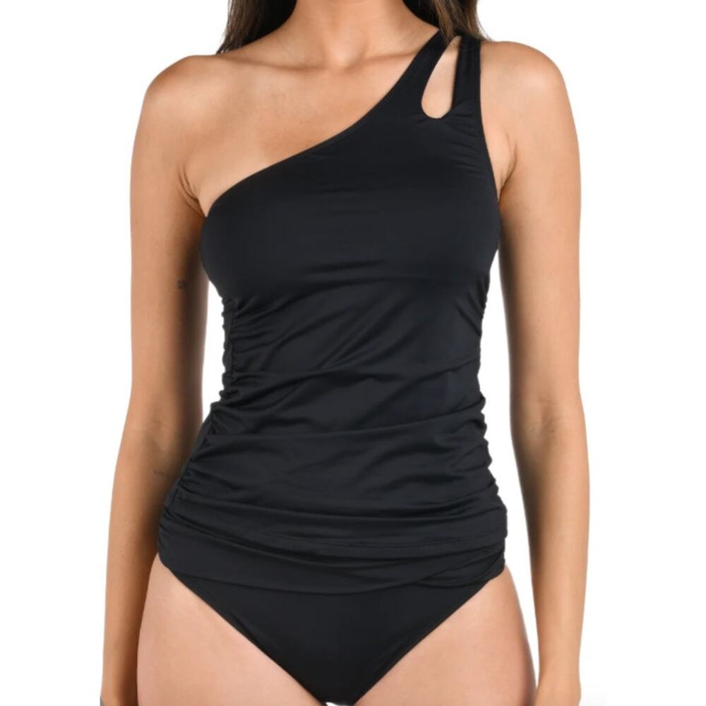 La Blanca Island Goddess One Shoulder Keyhole Tankini Top & Bottom Black Sz US16